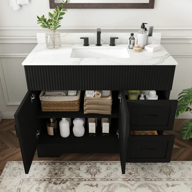 Alt view image 3 of 7 - 43 Inch Vanity Set with Artificial Karalakin Top, Fluted Cabinet with Soft Close Doors and Drawers MDF Board with Water