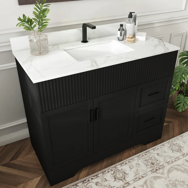 Alt view image 3 of 7 - 43 Inch Vanity Set with Artificial Karalakin Top, Fluted Cabinet with Soft Close Doors and Drawers MDF Board with Water