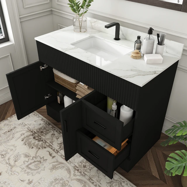 Alt view image 4 of 7 - 43 Inch Vanity Set with Artificial Karalakin Top, Fluted Cabinet with Soft Close Doors and Drawers MDF Board with Water