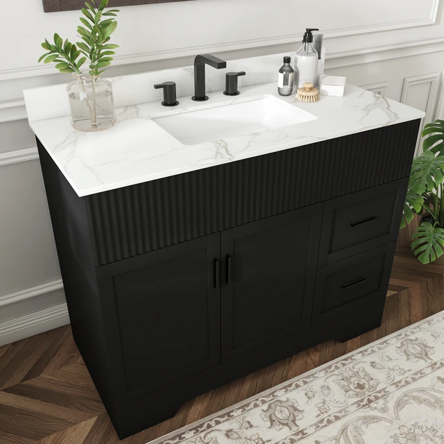 Alt view image 2 of 7 - 43 Inch Vanity Set with Artificial Karalakin Top, Fluted Cabinet with Soft Close Doors and Drawers MDF Board with Water