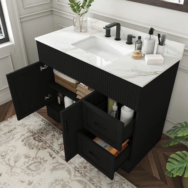 Alt view image 4 of 7 - 43 Inch Vanity Set with Artificial Karalakin Top, Fluted Cabinet with Soft Close Doors and Drawers MDF Board with Water