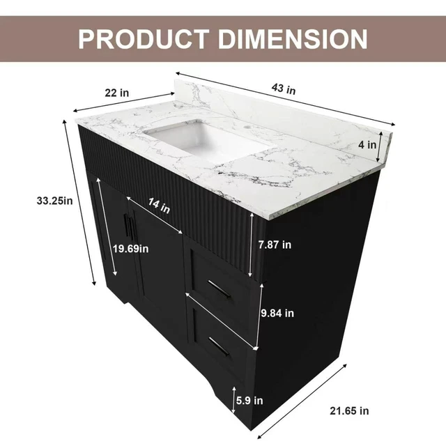 Alt view image 5 of 7 - 43 Inch Vanity Set with Artificial Marble Top, Fluted Cabinet with Soft Close Doors and Drawers MDF Board with Water