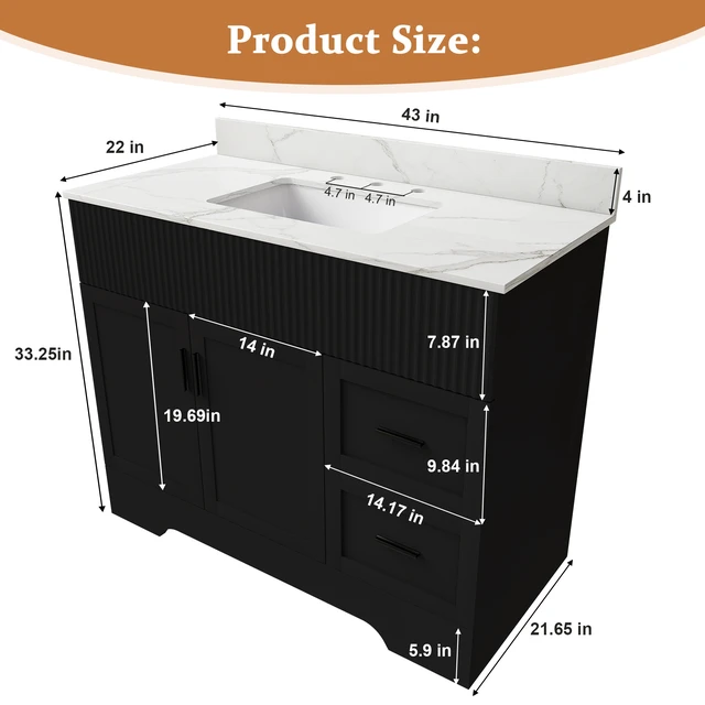 Alt view image 5 of 7 - 43 Inch Vanity Set with Artificial Karalakin Top, Fluted Cabinet with Soft Close Doors and Drawers MDF Board with Water