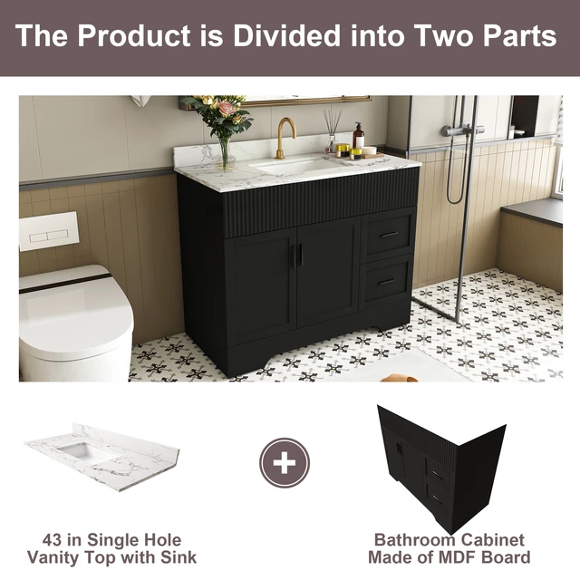 Alt view image 7 of 7 - 43 Inch Vanity Set with Artificial Marble Top, Fluted Cabinet with Soft Close Doors and Drawers MDF Board with Water