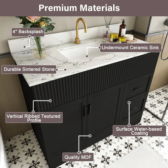 Alt view image 6 of 7 - 43 Inch Vanity Set with Artificial Marble Top, Fluted Cabinet with Soft Close Doors and Drawers MDF Board with Water