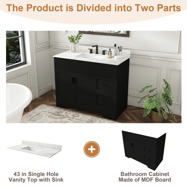 Alt view image 7 of 7 - 43 Inch Vanity Set with Artificial Karalakin Top, Fluted Cabinet with Soft Close Doors and Drawers MDF Board with Water
