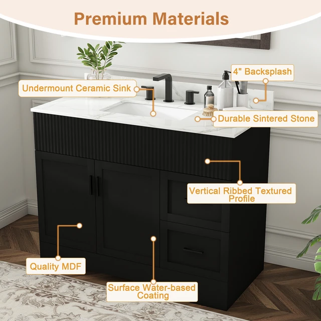 Alt view image 6 of 7 - 43 Inch Vanity Set with Artificial Karalakin Top, Fluted Cabinet with Soft Close Doors and Drawers MDF Board with Water