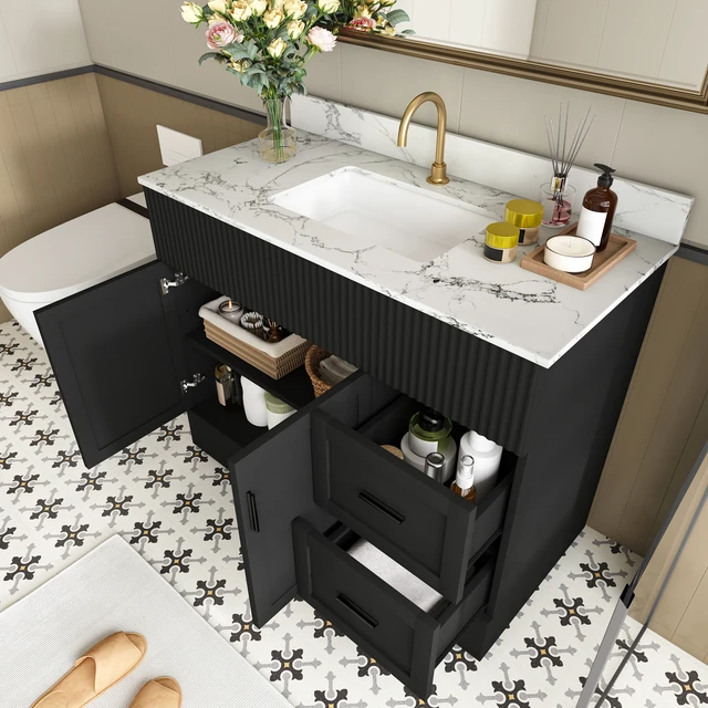 Alt view image 4 of 7 - 43 Inch Vanity Set with Artificial Marble Top, Fluted Cabinet with Soft Close Doors and Drawers MDF Board with Water