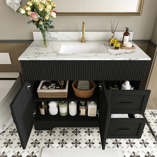 Alt view image 3 of 7 - 43 Inch Vanity Set with Artificial Marble Top, Fluted Cabinet with Soft Close Doors and Drawers MDF Board with Water