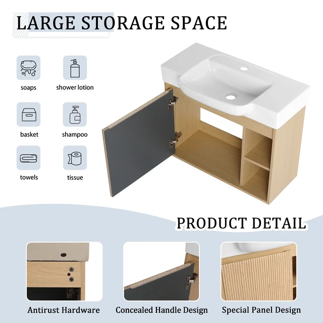 Alt view image 7 of 7 - 28 Inch Wall Mounted Vanity with Ceramic Sink and Soft Close Door, Packing, Oak, Plywood, Vanities