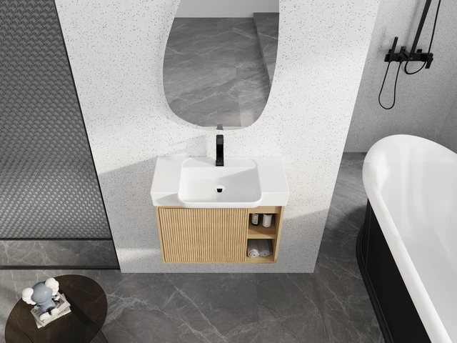 Alt view image 4 of 7 - 28 Inch Wall Mounted Vanity with Ceramic Sink and Soft Close Door, Packing, Oak, Plywood, Vanities
