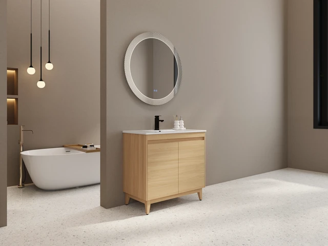 Alt view image 5 of 7 - 36 Inch Freestanding Vanity with Ceramic Sink, Oak, Engineered Wood, Vanities