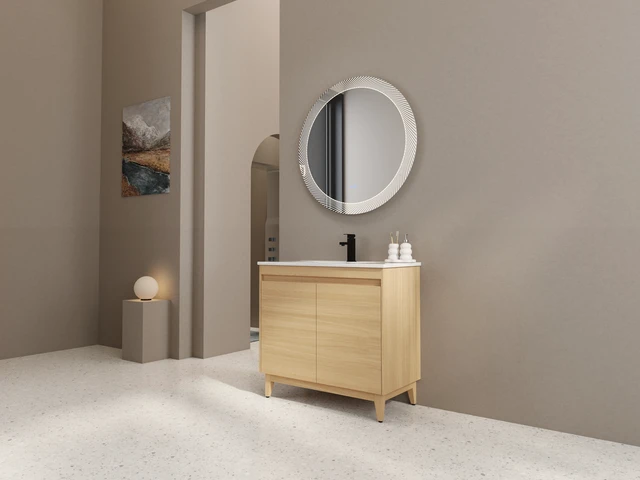 Alt view image 3 of 7 - 36 Inch Freestanding Vanity with Ceramic Sink, Oak, Engineered Wood, Vanities