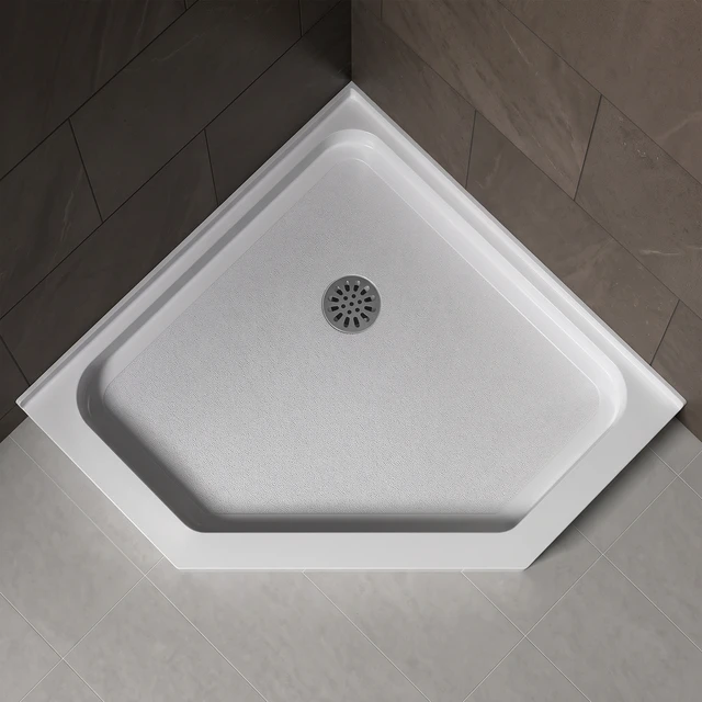 Alt view image 2 of 7 - Inchx 36 Inch Neo Angle Center Drain Acrylic Corner Shower Base, Integrated Tile Flange Non-Slip Textured Floor Drain