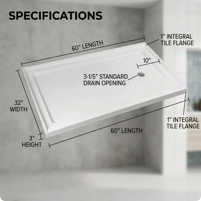 Alt view image 2 of 5 - Inchx 32 Inch Rectangular Shower Base Pan, Acrylic Single Threshold Shower Tray with Right Drain Non-Slip Surface