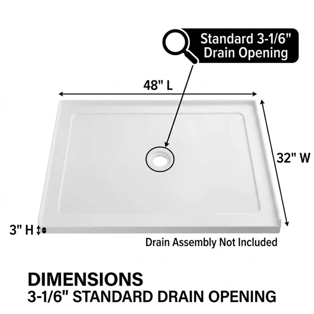 Alt view image 3 of 6 - Inchx 32 Inch Rectangular Shower Base Pan, Acrylic Single Threshold Shower Tray with Center Drain Non-Slip Surface