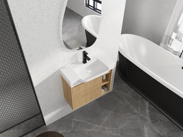 Alt view image 3 of 7 - 28 Inch Wall Mounted Vanity with Ceramic Sink and Soft Close Door, Packing, Oak, Plywood, Vanities