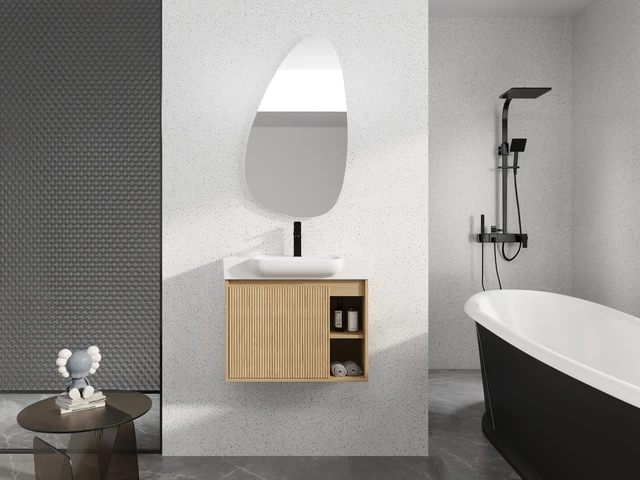 Alt view image 5 of 7 - 28 Inch Wall Mounted Vanity with Ceramic Sink and Soft Close Door, Packing, Oak, Plywood, Vanities