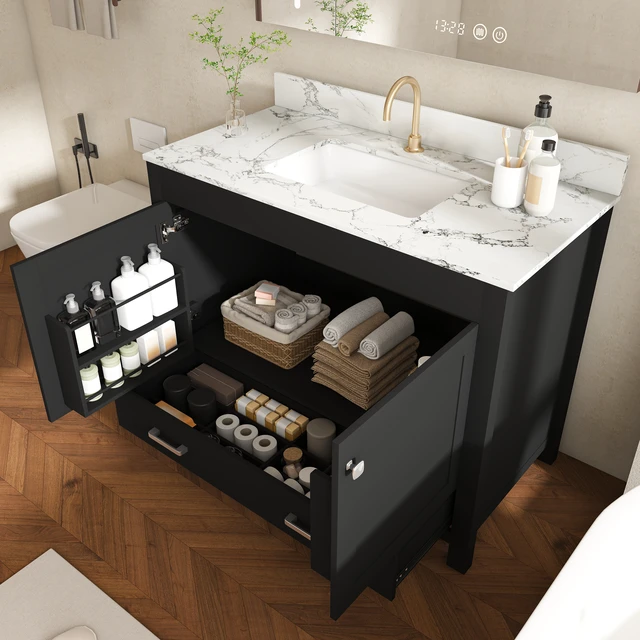 Alt view image 4 of 7 - 43 Inch Vanity Set with Artificial Marble Top, Fluted Cabinet with Soft Close Doors and Drawers MDF Board with Water