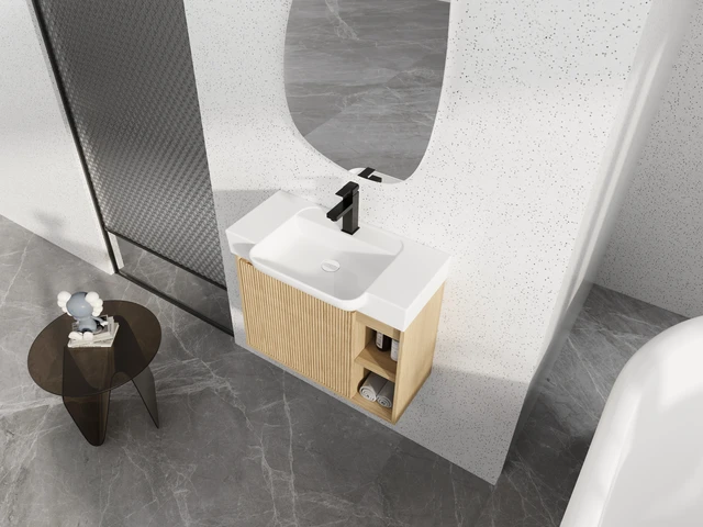 Alt view image 6 of 7 - 28 Inch Wall Mounted Vanity with Ceramic Sink and Soft Close Door, Packing, Oak, Plywood, Vanities