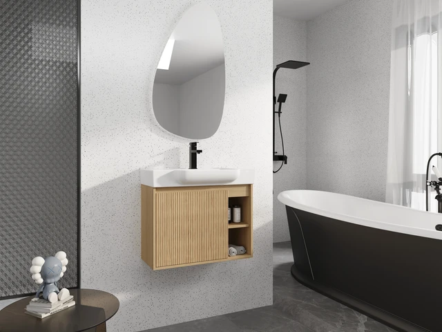 Alt view image 2 of 7 - 28 Inch Wall Mounted Vanity with Ceramic Sink and Soft Close Door, Packing, Oak, Plywood, Vanities