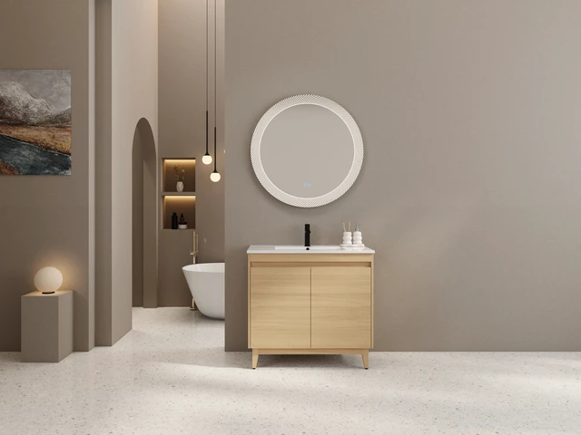 Alt view image 4 of 7 - 36 Inch Freestanding Vanity with Ceramic Sink, Oak, Engineered Wood, Vanities