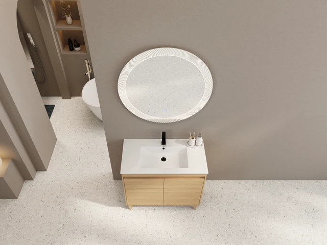Alt view image 2 of 7 - 36 Inch Freestanding Vanity with Ceramic Sink, Oak, Engineered Wood, Vanities