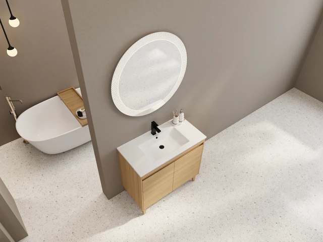 Alt view image 7 of 7 - 36 Inch Freestanding Vanity with Ceramic Sink, Oak, Engineered Wood, Vanities