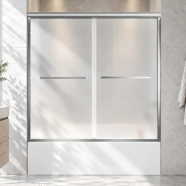Alt view image 2 of 7 - 56 to 60 Inch 58 Inch Framed Double Sliding Shower Door, 4 6 mm Frosted Tempered Glass with Nano Self Cleaning