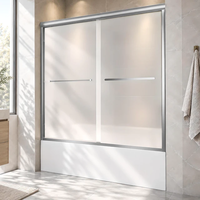 Main image of 56 to 60 Inch 58 Inch Framed Double Sliding Shower Door, 4 6 mm Frosted Tempered Glass with Nano Self Cleaning