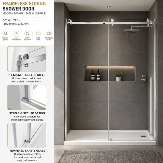 Alt view image 3 of 5 - Frameless Sliding Shower Door 60 Inch 78 Inch, 16 SGCC Tempered Clear Glass Reversible Installation Stainless Steel