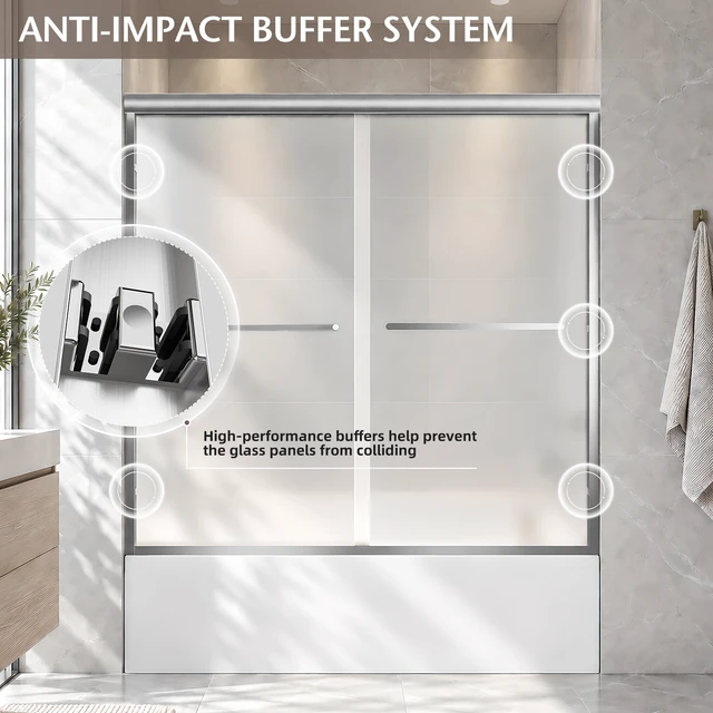 Alt view image 7 of 7 - 56 to 60 Inch 58 Inch Framed Double Sliding Shower Door, 4 6 mm Frosted Tempered Glass with Nano Self Cleaning