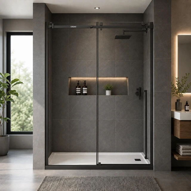 Main image of 60 Inch 78 Inch Frameless Sliding Shower Door, 16 SGCC Tempered Clear Glass Reversible Black Finish Stainless Steel