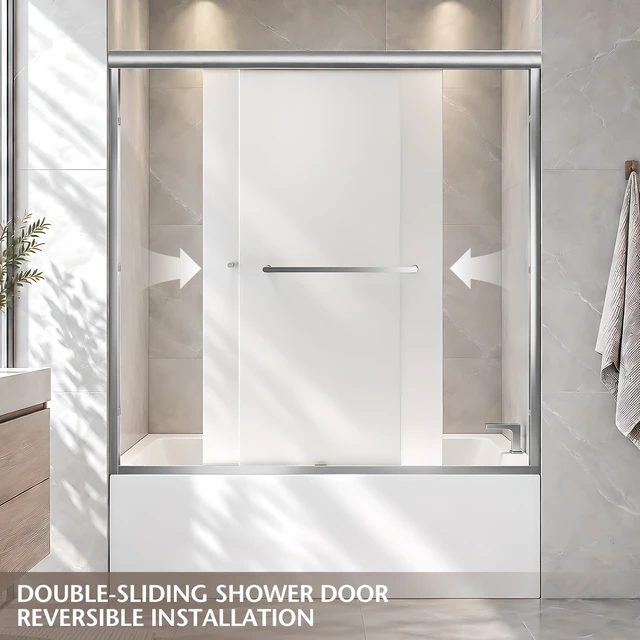Alt view image 4 of 7 - 56 to 60 Inch 58 Inch Framed Double Sliding Shower Door, 4 6 mm Frosted Tempered Glass with Nano Self Cleaning