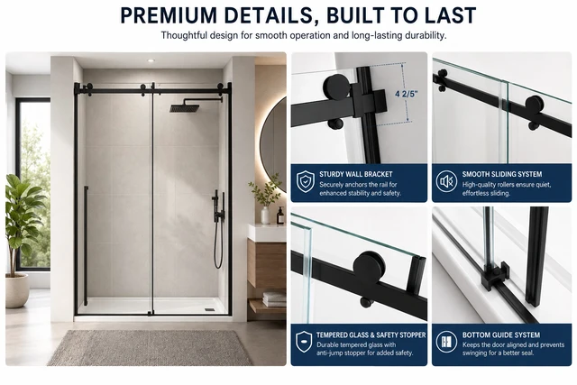 Alt view image 3 of 5 - 60 Inch 78 Inch Frameless Sliding Shower Door, 16 SGCC Tempered Clear Glass Reversible Black Finish Stainless Steel
