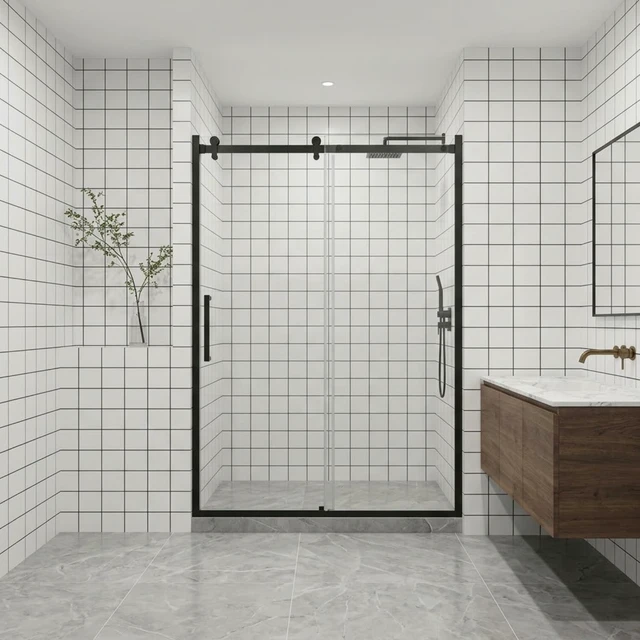 Alt view image 5 of 5 - 60 Inch 78 Inch Frameless Sliding Shower Door, 16 SGCC Tempered Clear Glass Reversible Black Finish Stainless Steel