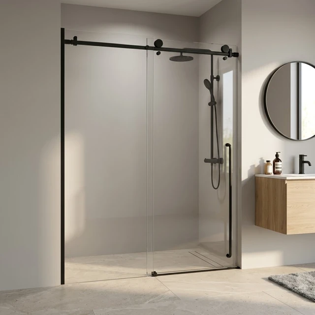 Alt view image 5 of 6 - Frameless Sliding Shower Door 60 Inch 78 Inch, 16 SGCC Tempered Clear Glass Reversible Installation Black Finish