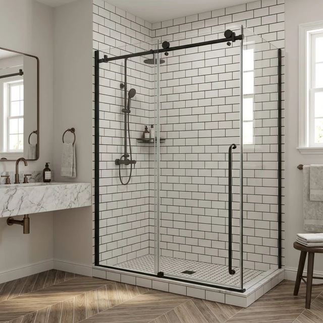 Alt view image 6 of 6 - Frameless Sliding Shower Door 60 Inch 78 Inch, 16 SGCC Tempered Clear Glass Reversible Installation Black Finish