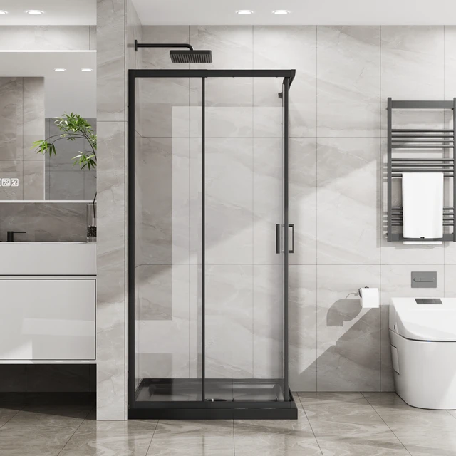 Alt view image 3 of 7 - Inchx 72 Inch Corner Sliding Shower Door and Shower Base Combo Kit, Tempered Glass Black Frame Dood