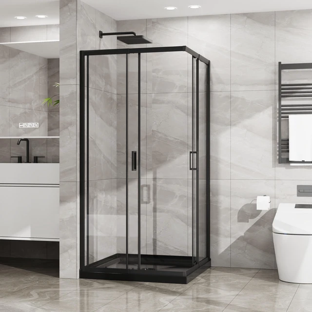 Main image of Inchx 72 Inch Corner Sliding Shower Door and Shower Base Combo Kit, Tempered Glass Black Frame Dood
