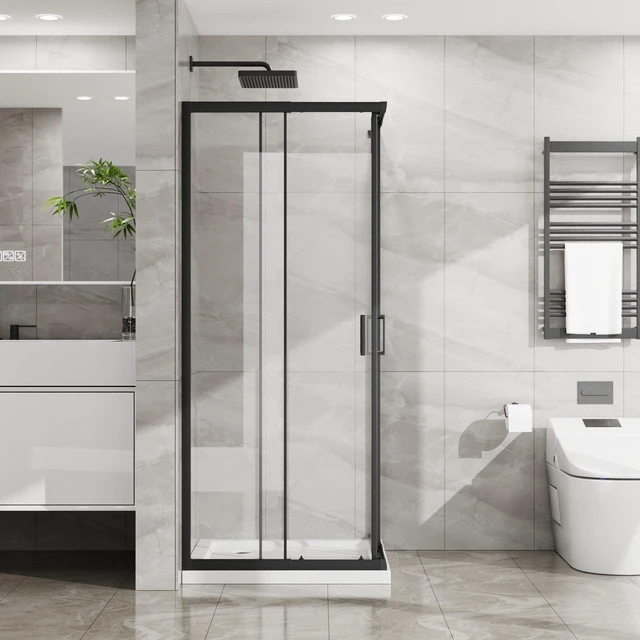 Main image of Inchx 72 Inch Corner Sliding Shower Door and Shower Base Combo Kit, Tempered Glass Black Frame Dood