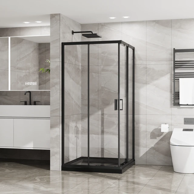 Alt view image 4 of 7 - Inchx 72 Inch Corner Sliding Shower Door and Shower Base Combo Kit, Tempered Glass Black Frame Dood