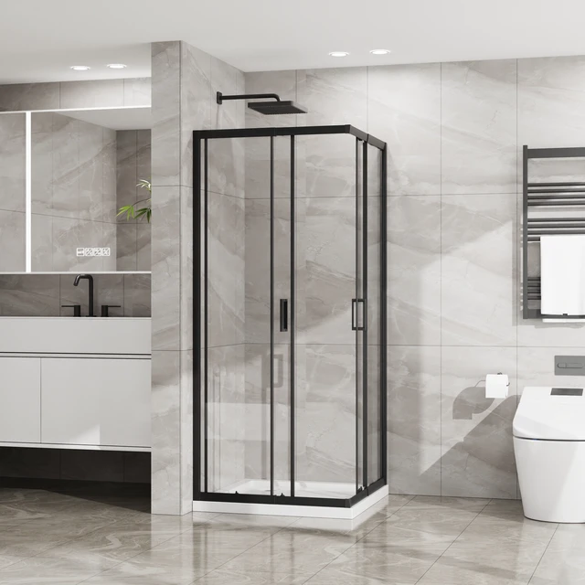 Alt view image 2 of 7 - Inchx 72 Inch Corner Sliding Shower Door and Shower Base Combo Kit, Tempered Glass Black Frame Dood