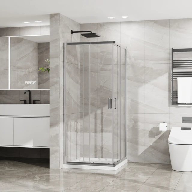Alt view image 2 of 7 - Inchx 72 Inch Corner Sliding Shower Door and Shower Base Combo Kit, SGCC Tempered Glass Enclosure with Base Set