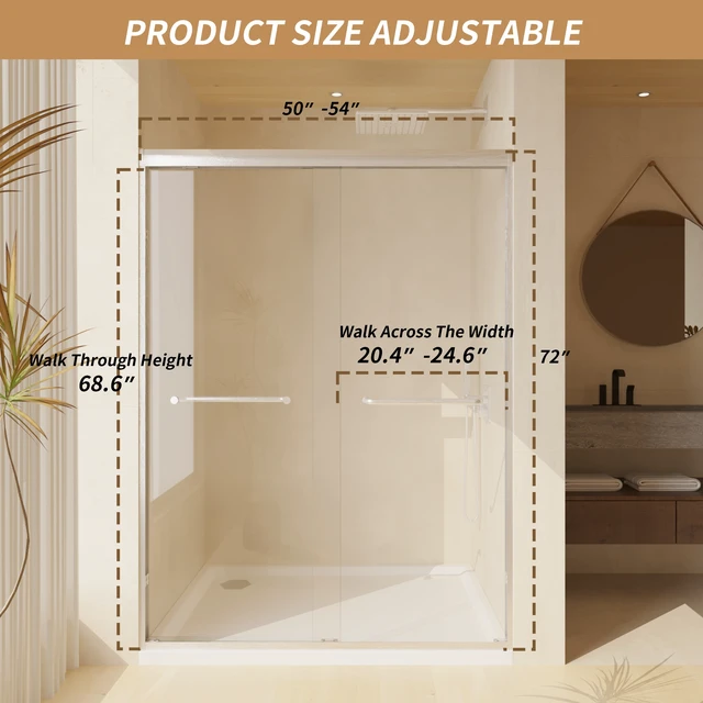 Alt view image 6 of 7 - 50 Inchx 72 Inch Tempered Glass with Explosion Proof Film, Aluminum Frame Double Sliding Shower Door 4 6 mm Stainless
