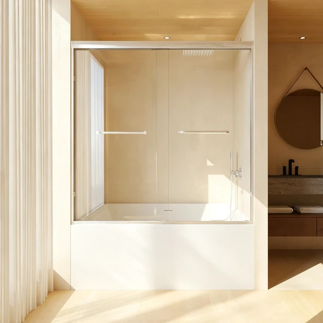 Main image of 56 Inchx 60 Inch Tempered Glass with Explosion Proof Film, Aluminum Frame Double Sliding Shower Door 4 6 mm Stainless