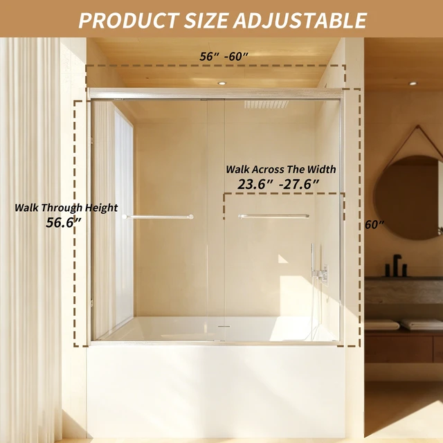 Alt view image 5 of 7 - 56 Inchx 60 Inch Tempered Glass with Explosion Proof Film, Aluminum Frame Double Sliding Shower Door 4 6 mm Stainless