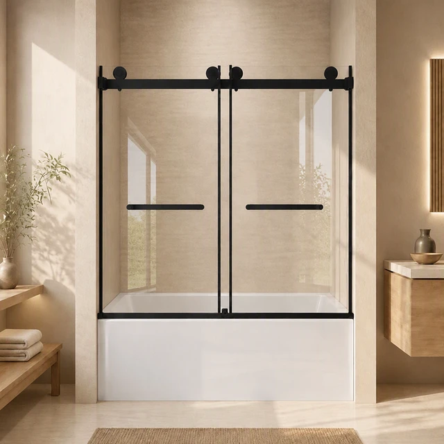 Alt view image 4 of 7 - Frameless Double Sliding Shower Door 56 to 60 Inch 62 Inch, 16 8 mm Tempered Glass Explosion Proof Film Stainless