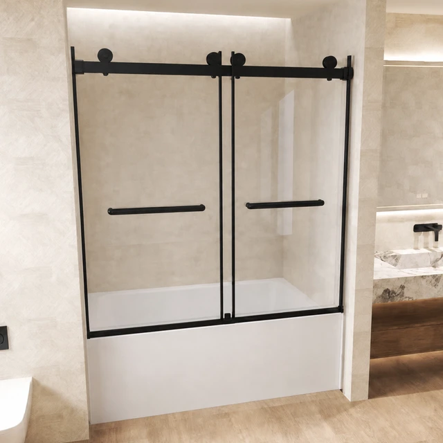 Alt view image 2 of 7 - Frameless Double Sliding Shower Door 56 to 60 Inch 62 Inch, 16 8 mm Tempered Glass Explosion Proof Film Stainless