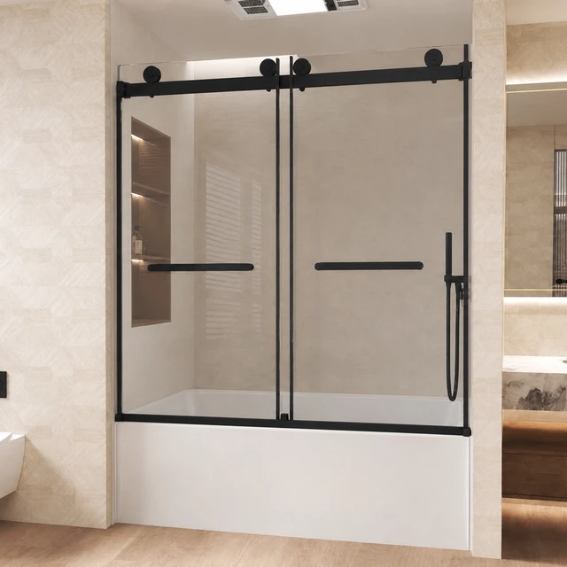 Alt view image 3 of 7 - Frameless Double Sliding Shower Door 56 to 60 Inch 62 Inch, 16 8 mm Tempered Glass Explosion Proof Film Stainless
